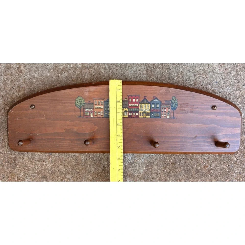 VTG Wood Coat Rack Village Scene Wall Mount Arched Cottage Americana Folk Art